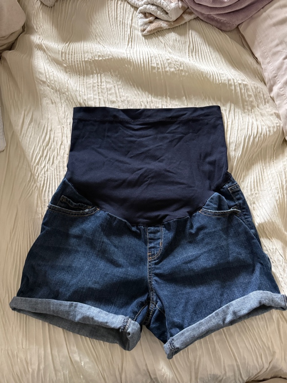 Liz Lange Dark Wash Denim Maternity Shorts with Navy Panel
